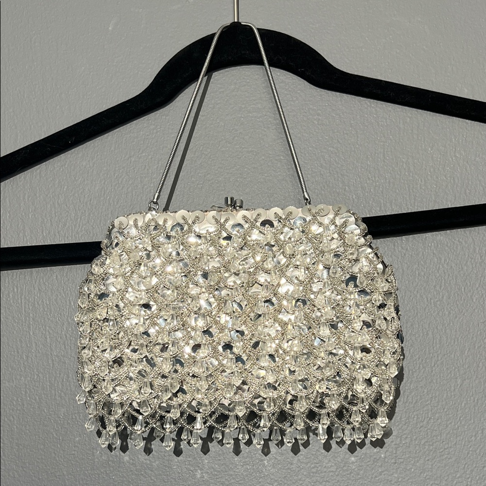 Vintage Crystal Embellished Evening Clutch Handbag - Silver/White